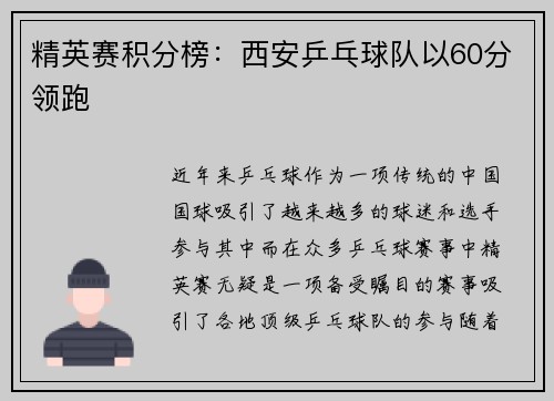 精英赛积分榜：西安乒乓球队以60分领跑