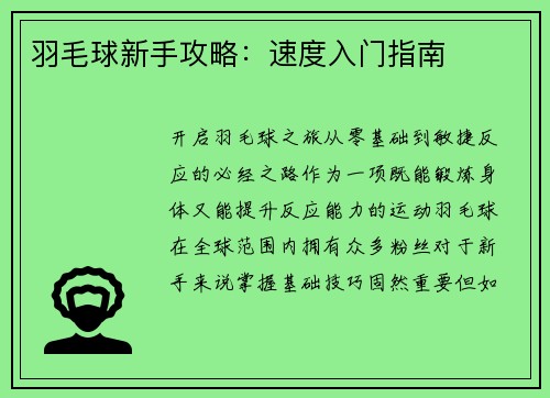 羽毛球新手攻略：速度入门指南