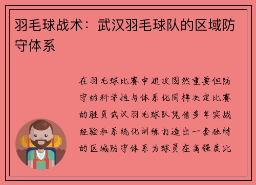 羽毛球战术：武汉羽毛球队的区域防守体系
