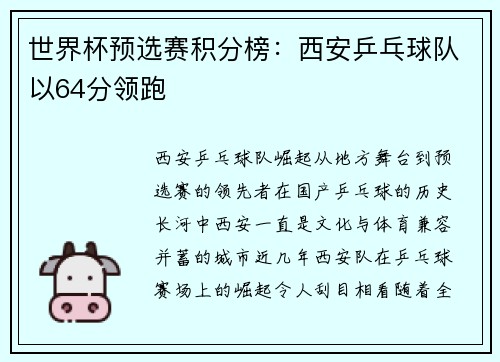 世界杯预选赛积分榜：西安乒乓球队以64分领跑