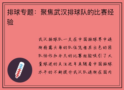 排球专题：聚焦武汉排球队的比赛经验